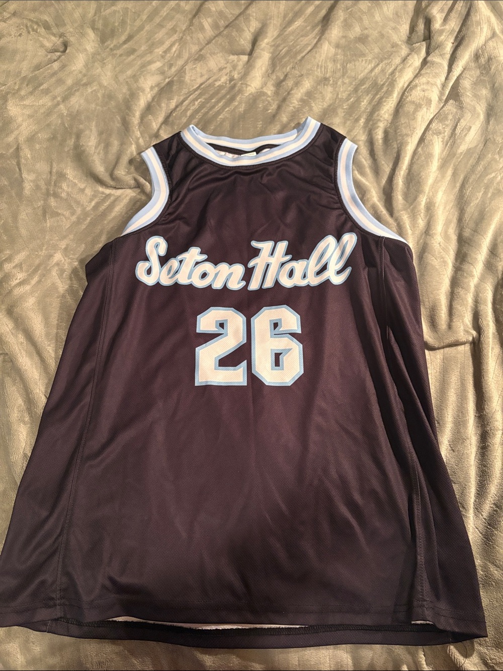 Black Seton Hall Basketball Jersey with White and Light Blue Trim #26